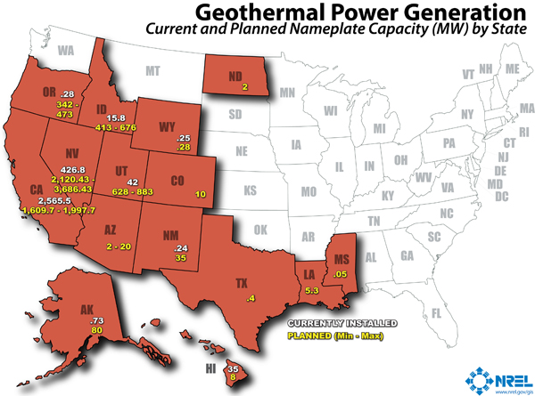 graph of geothermal power generation current and planned capacity by state, as described in the article text