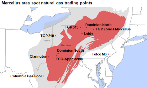map of Marcellus area spot natural gas trading points, as described in the article text
