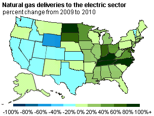 map of Natural gas deliveries to the electric sector, percent change from 2009 to 2010, as described in the article text