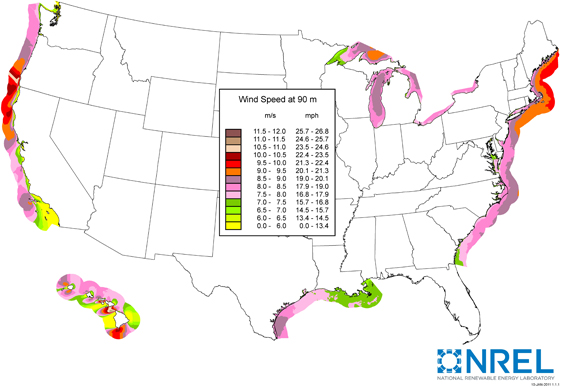 map of U.S. annual average offshore wind speed at 90 meters, as described in the article text