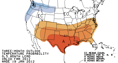 map of three-month outlook of temperature probability, as described in the article text