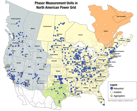 map of Phasor measurement units in North American power grid, as described in the article text