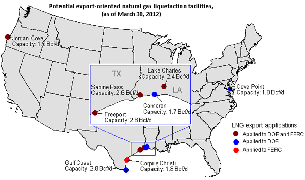 map of Potential export-oriented natural gas liquefaction facilities, as of March 30, 2012, as described in the article text