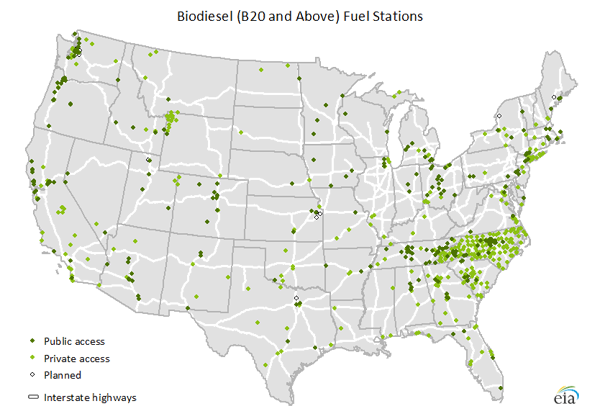 map of Alternative transportation fuel stations in the United States, as described in the article text