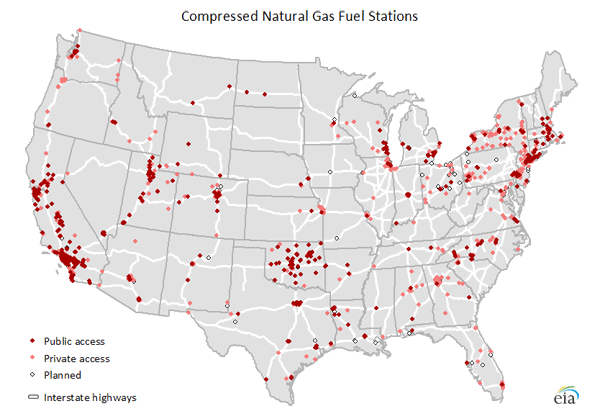 map of Alternative transportation fuel stations in the United States, as described in the article text