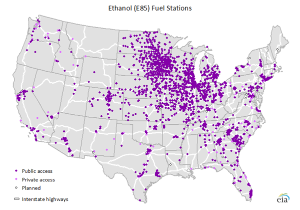 map of Alternative transportation fuel stations in the United States, as described in the article text