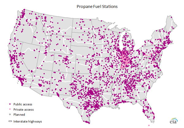 map of Alternative transportation fuel stations in the United States, as described in the article text