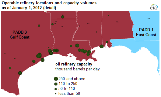 map of Operable refinery locations and capacity volumes as of January 1, 2012, as described in the article text