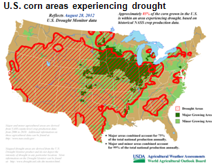 map of corn producing areas and drought affected areas, as described in the article text