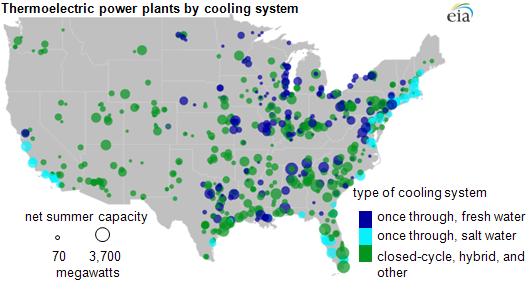 map of thermoelectric power plants by cooling system, as described in the article text