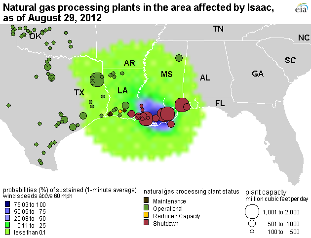 Map of Natual Gas processing plants in the area affected by Hurricane Isaac, as of August 29, 2012, as explained in article text