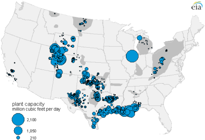 Map displaying size and location of natural gas processing plants in lower 48 states, layered with location of current U.S. shale plays.