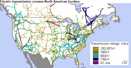 Map of North American electricity transmission, as explained in article text
