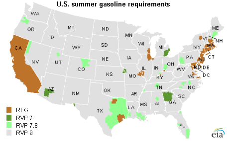 Map of U.S. gasoline requirements, as explained in the article text