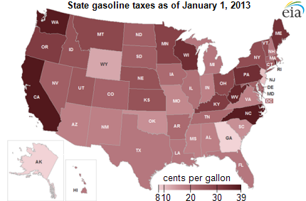 Map of U.S. state gasoline taxes, as explained in the article text
