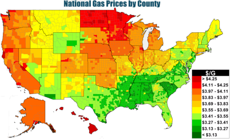 Map of U.S.gasoline prices, as explained in the article text.