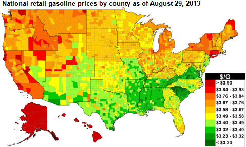 Map of U.S. gasoline prices, as explained in the article text