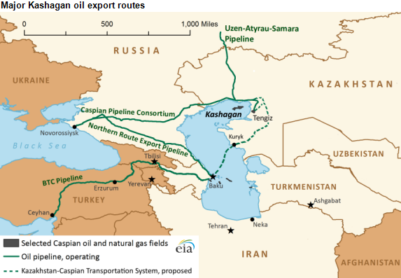 Map of Kashagan, and Caspian Sea region, as explained in the article text