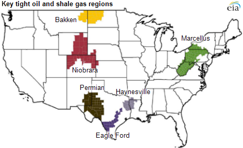 Map of key tight oil and shale gas regions, as explained in the article text
