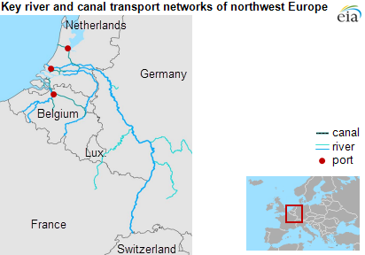 Map of key river and canal transport networks in northwest Europe, as explained in the article text