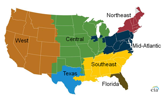 map of U.S. electric market regions, as explained in the article text