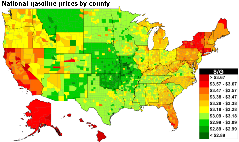 Map of U.S.gasoline prices, as explained in the article text.
