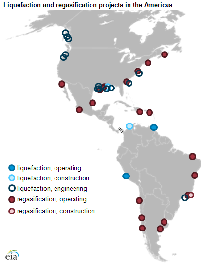map of liquefaction and regasification projects in the Americas, as explained in the article text