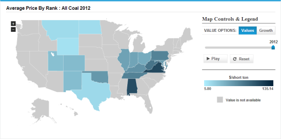 map of average price by rank: all coal 2012, as described in the article text