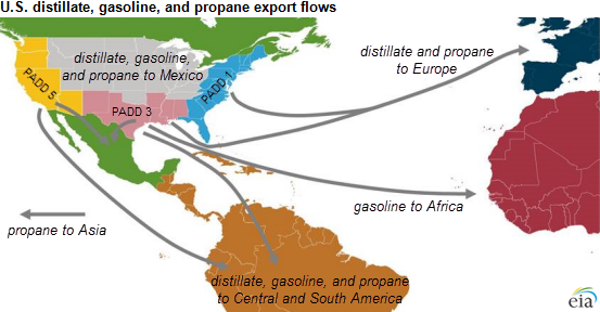 map of U.S. petroleum product exports increase in 2013, as explained in the article text
