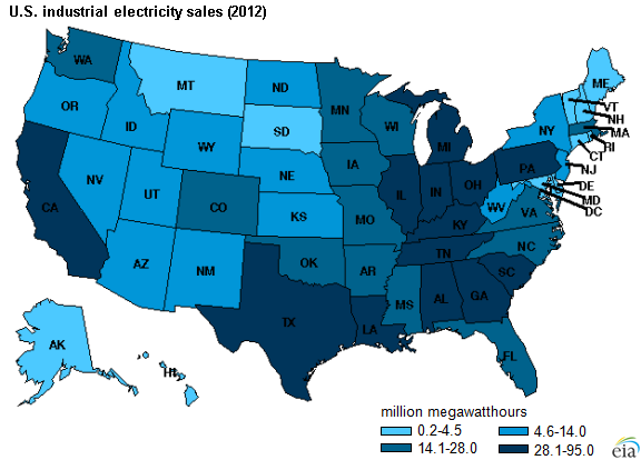 map of U.S. industrial electric sales, as described in the article text