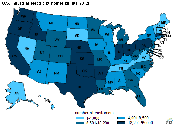 map of U.S. industrial electric customer counts, as described in the article text