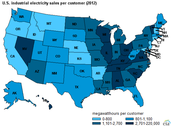 map of U.S. industrial electric sales per customer, as described in the article text