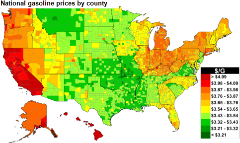 map of U.S. retail price for regular gasoline, as explained in the article text