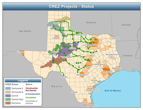 map of CREZ project status as of April 2014, as described in the article text
