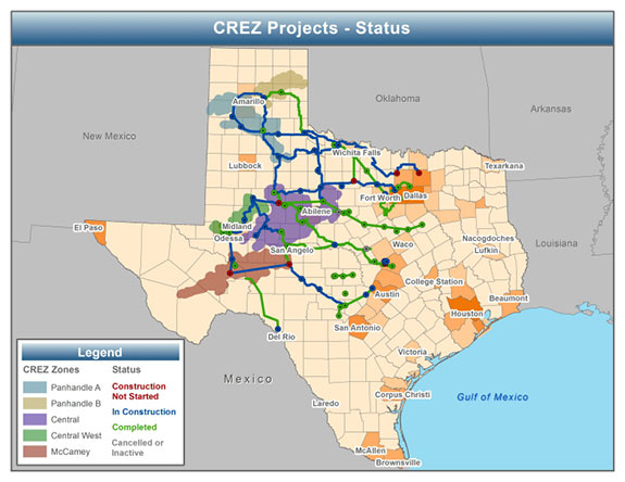 map of CREZ project status as of April 2013, as described in the article text