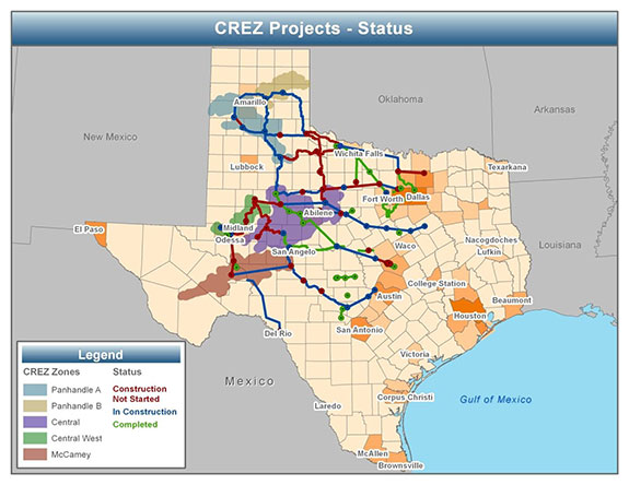 map of CREZ project status as of October 2012, as described in the article text
