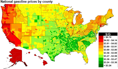 map of national gasoline prices by county, as explained in the article text