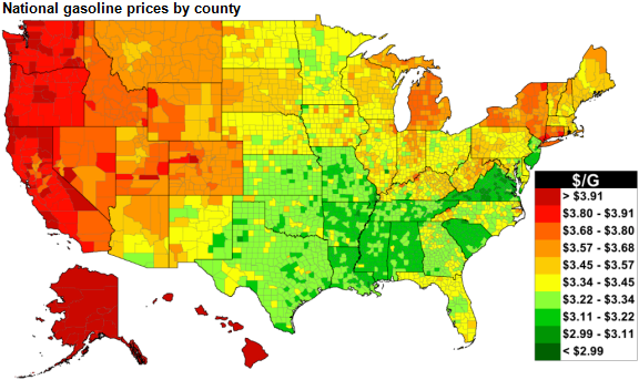 map of national gasoline prices by county, as explained in the article text