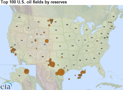 map of top 100 U.S. oil fields by reserves, as explained in the article text