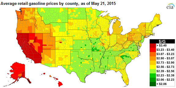 map of national gasoline prices by county, as explained in the article text