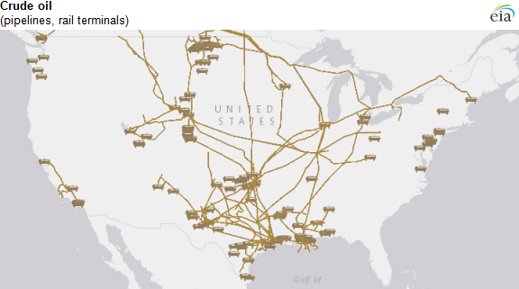 map of crude oil pipelines and rail terminals, as described in the article text