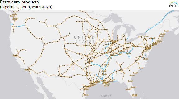map of petroleum product pipelines, ports, and waterways, as described in the article text
