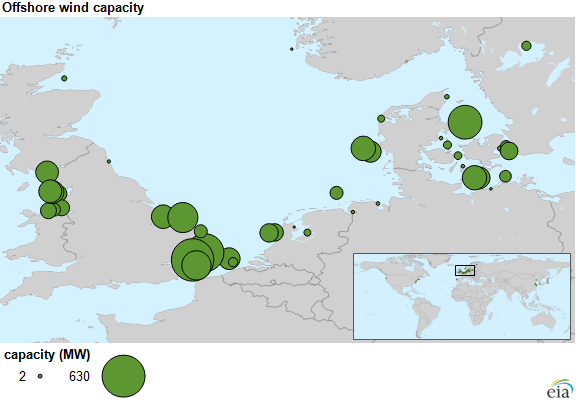 map of European offshore wind capacity, as described in the article text