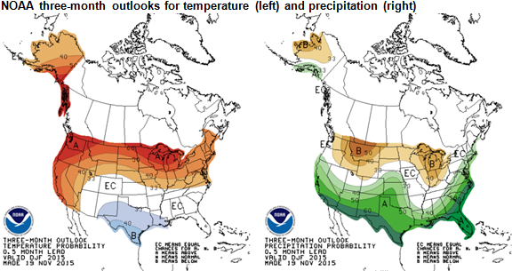 maps of three-month outlook for temperature and precipitation, as explained in the article text