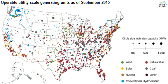 map of operable utility-scale generating units as of September 2015, as explained in the article text