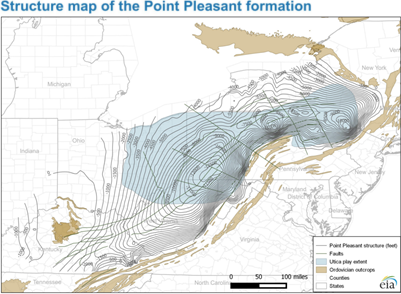 map of subsea elevation to the top of the Point Pleasant formation, as described in the article text