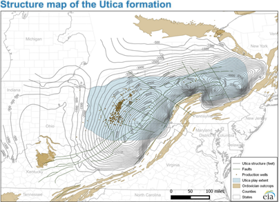 map of subsea elevation to the top of the Utica formation, as described in the article text