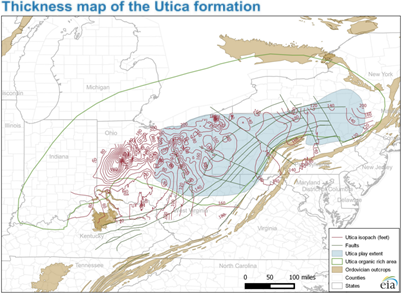 map of thickness of the Utica formation, as described in the article text