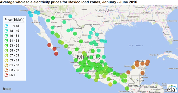 map of average wholesale electricity prices for Mexico load zones, as explained in the article text