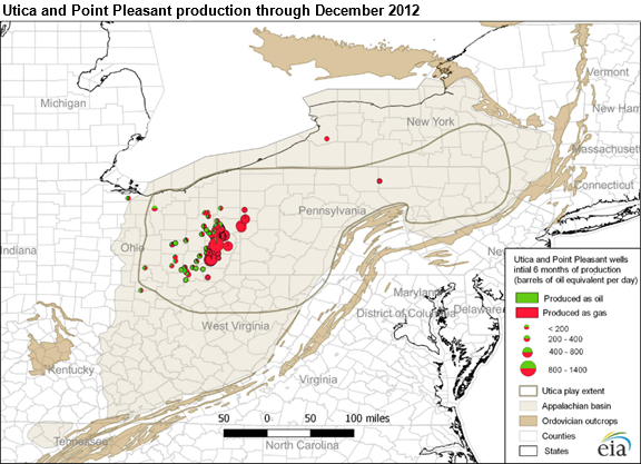 map of Utica and Point Pleasant Oil and Gas Production through December 2012, as described in the article text